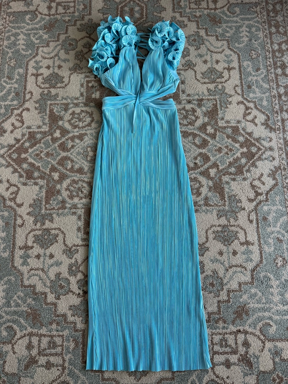 Hello Molly Trust Your Love Maxi Dress Baby Blue Sheen Frill Cut Out Open Back 2 - Picture 3 of 7